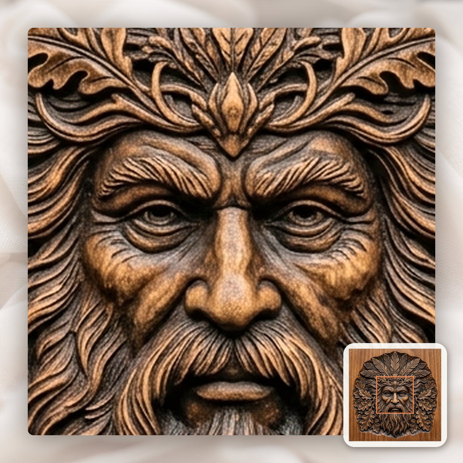 Green Man Forest Spirit Face Oak Leaves CNC Relief STL bas-relief STL — view 10