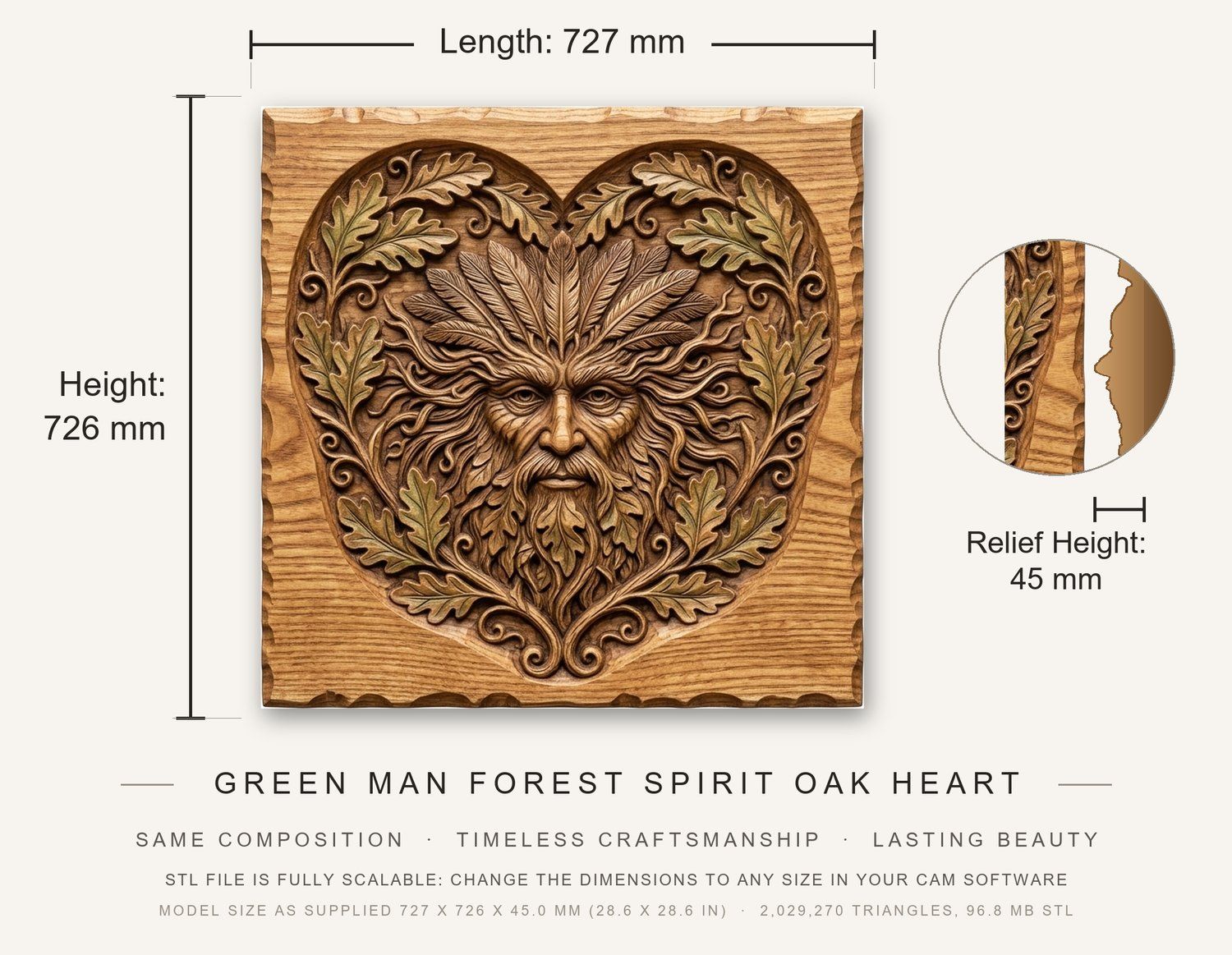 Green Man Forest Spirit Oak Heart CNC Relief STL bas-relief STL — view 3