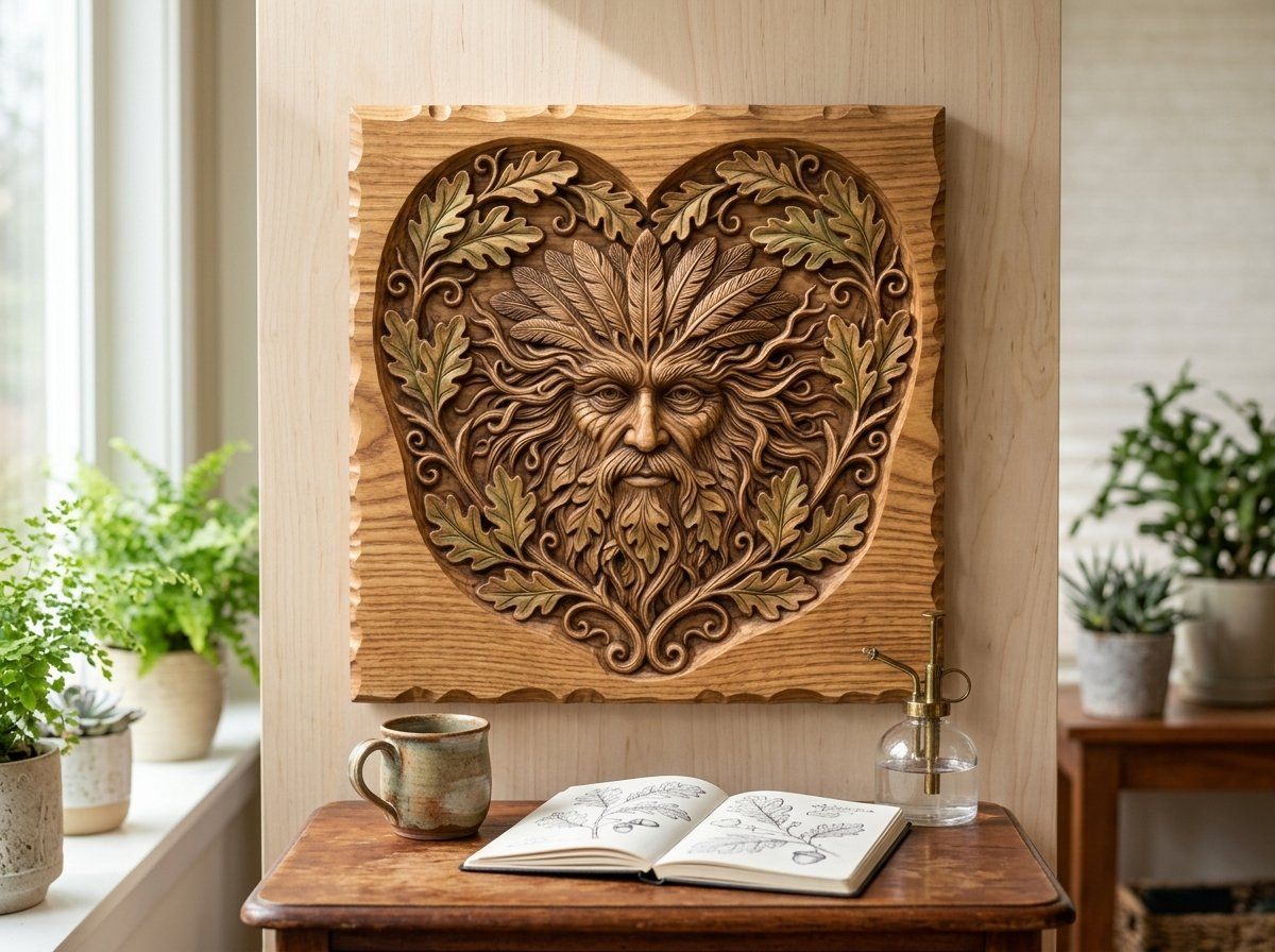 Green Man Forest Spirit Oak Heart CNC Relief STL bas-relief STL — view 13