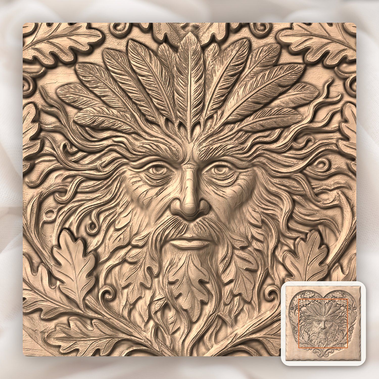 Green Man Forest Spirit Oak Heart CNC Relief STL bas-relief STL — view 6