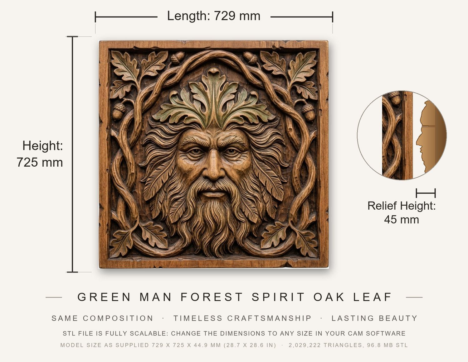 Green Man Forest Spirit Oak Leaf CNC Relief STL bas-relief STL — view 3