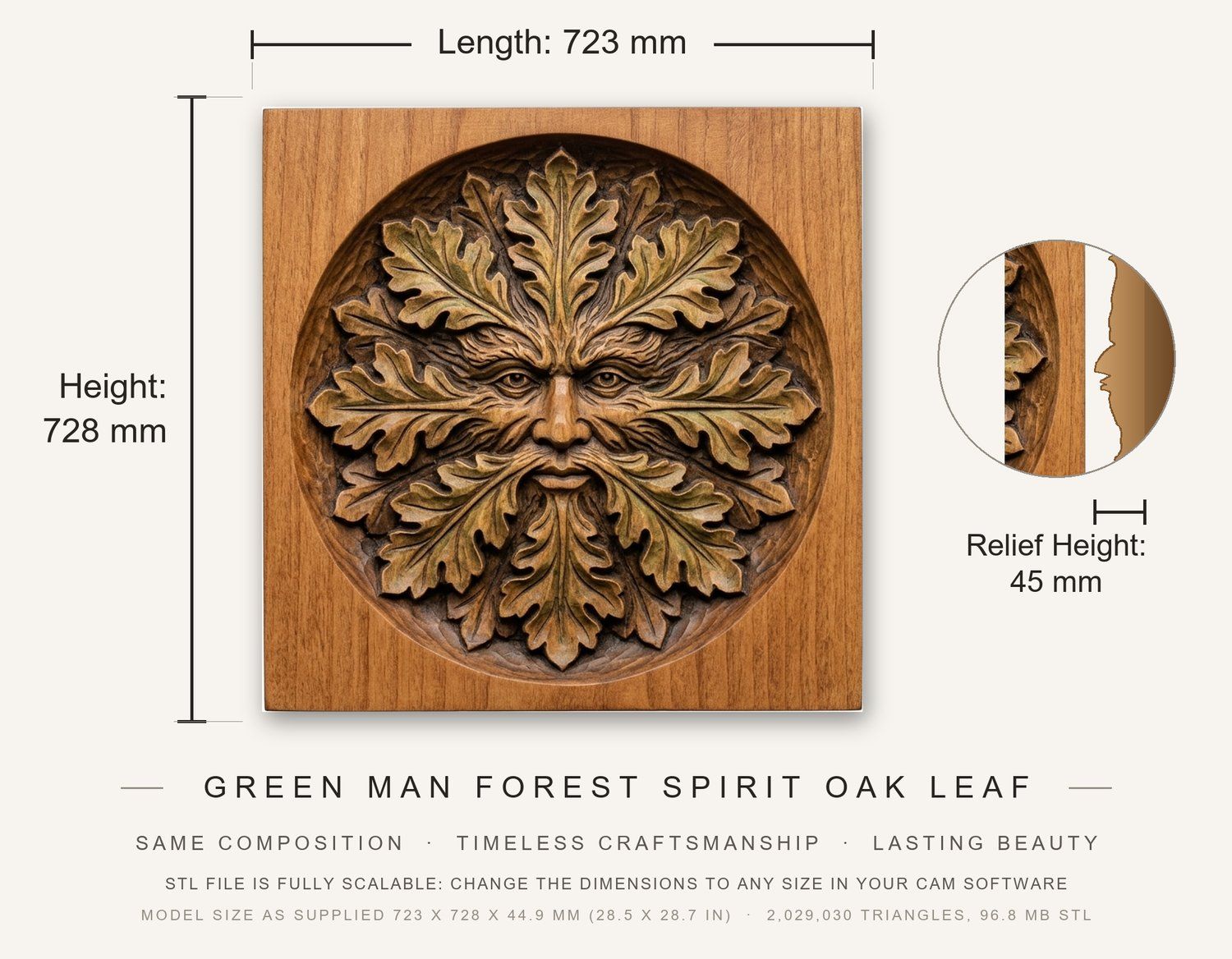 Green Man Forest Spirit Oak Leaf CNC Relief STL bas-relief STL — view 3
