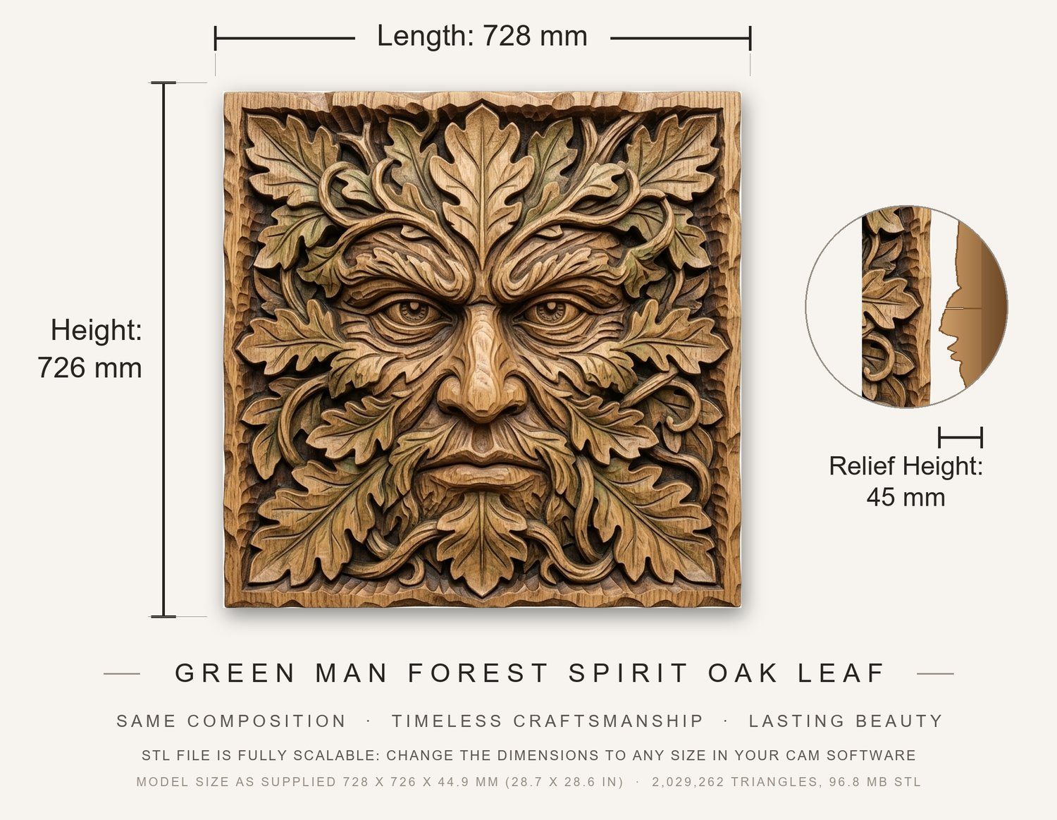 Green Man Forest Spirit Oak Leaf CNC Relief STL bas-relief STL — view 3