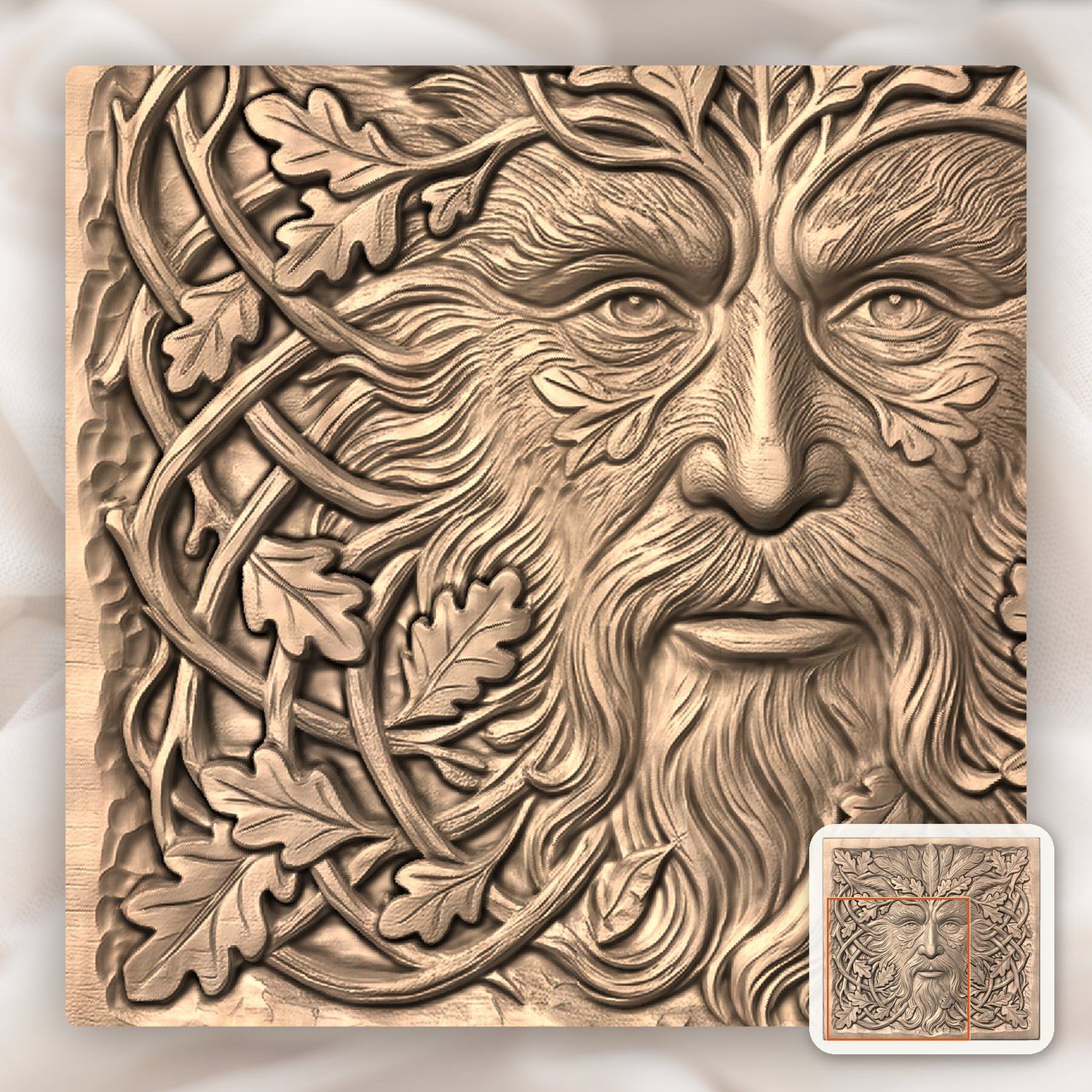 Green Man Forest Spirit Oak Leaf Face CNC Relief STL bas-relief STL — view 6