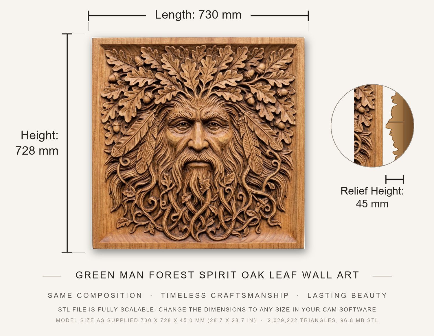Green Man Forest Spirit Oak Leaf Wall Art CNC Relief STL bas-relief STL — view 3