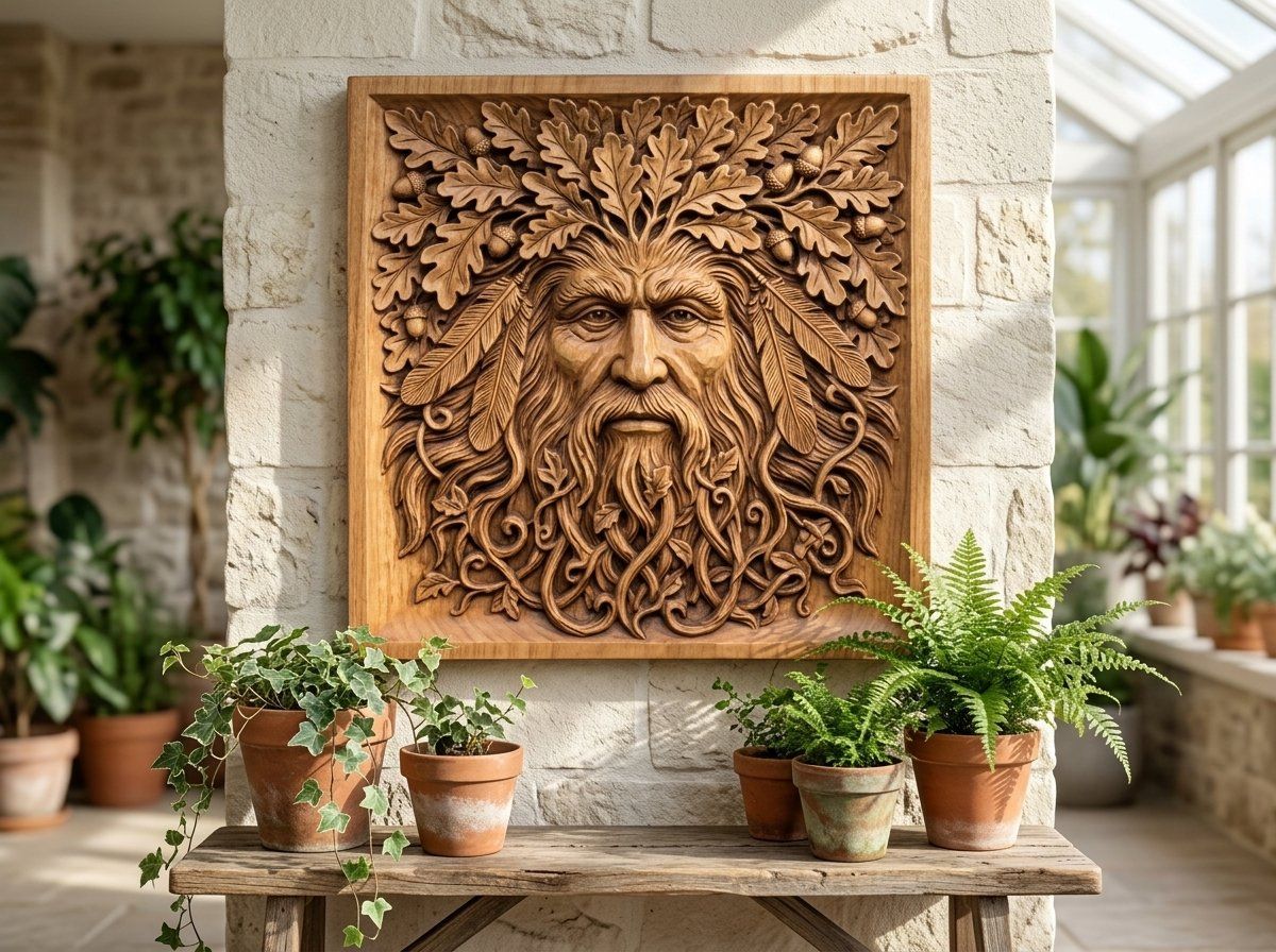 Green Man Forest Spirit Oak Leaf Wall Art CNC Relief STL bas-relief STL — view 13