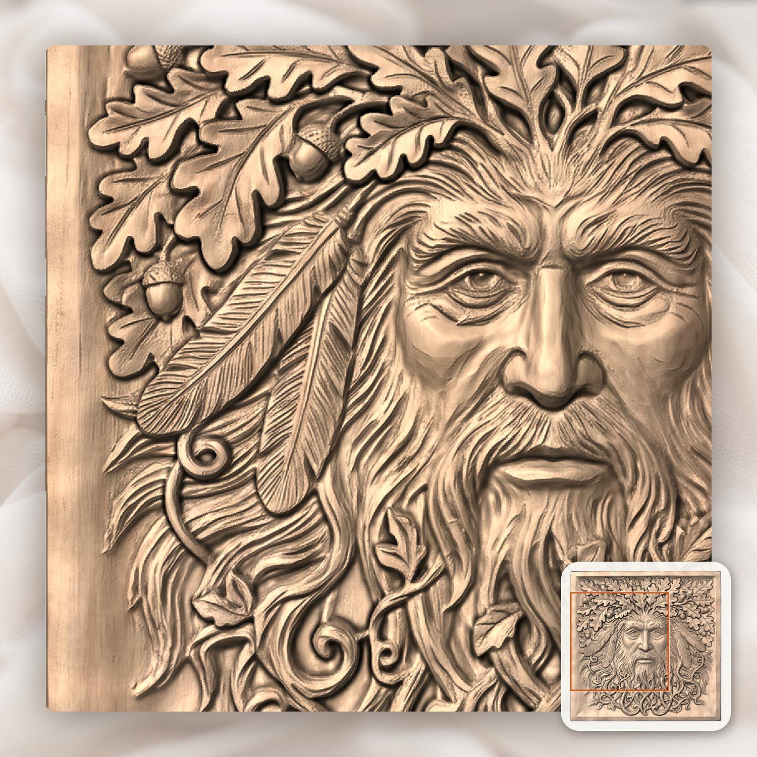 Green Man Forest Spirit Oak Leaf Wall Art CNC Relief STL bas-relief STL — view 6