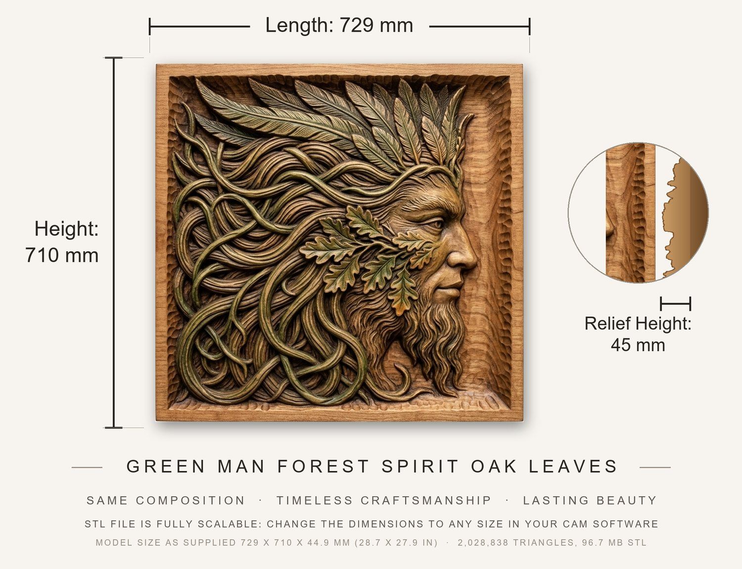 Green Man Forest Spirit Oak Leaves CNC Relief STL bas-relief STL — view 3