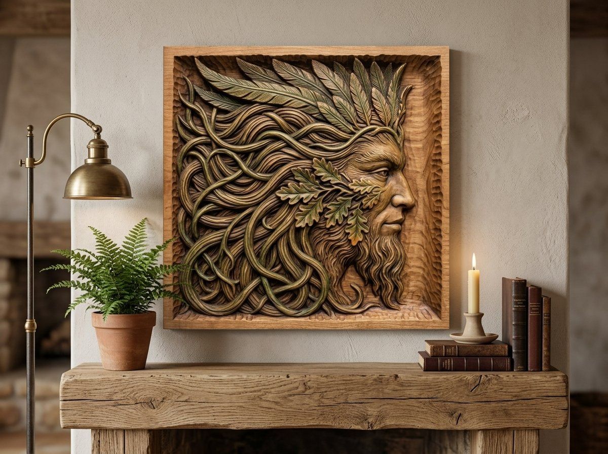 Green Man Forest Spirit Oak Leaves CNC Relief STL bas-relief STL — view 12