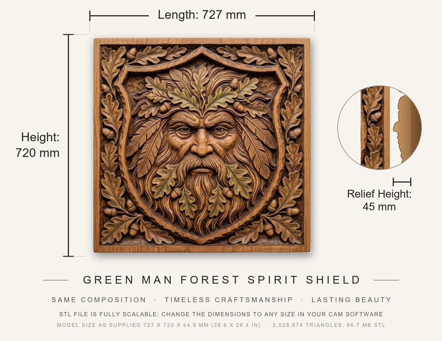 Green Man Forest Spirit Shield CNC Relief STL bas-relief STL — view 3