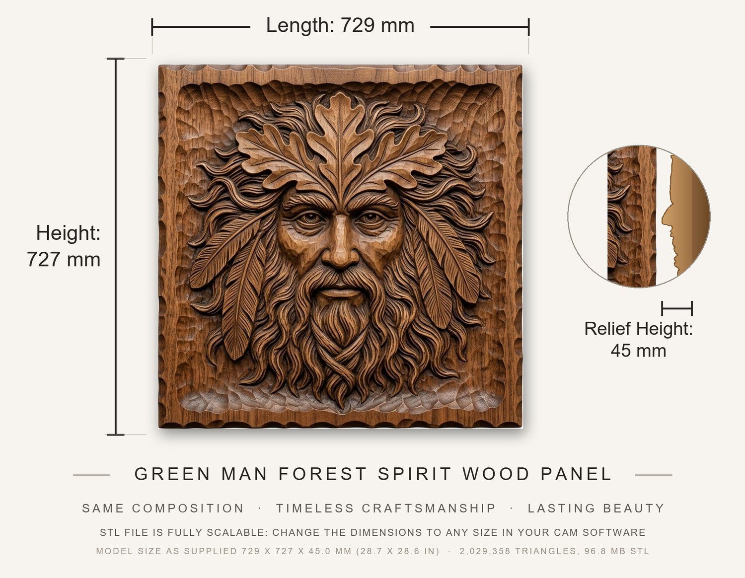 Green Man Forest Spirit Wood Panel CNC Relief STL bas-relief STL — view 3