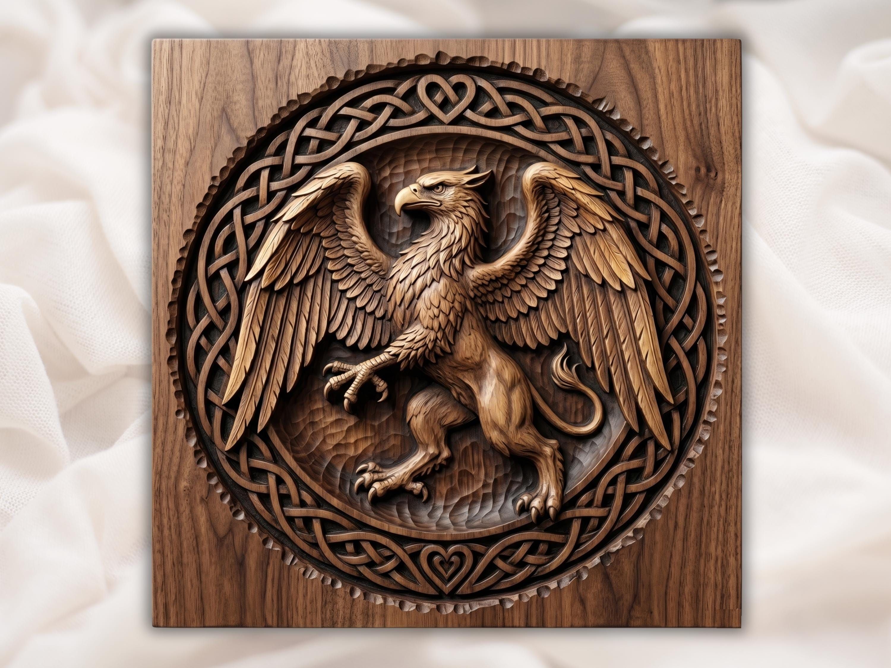 Bas-relief wood carving of a rampant griffin with spread wings inside a circular Celtic knot border