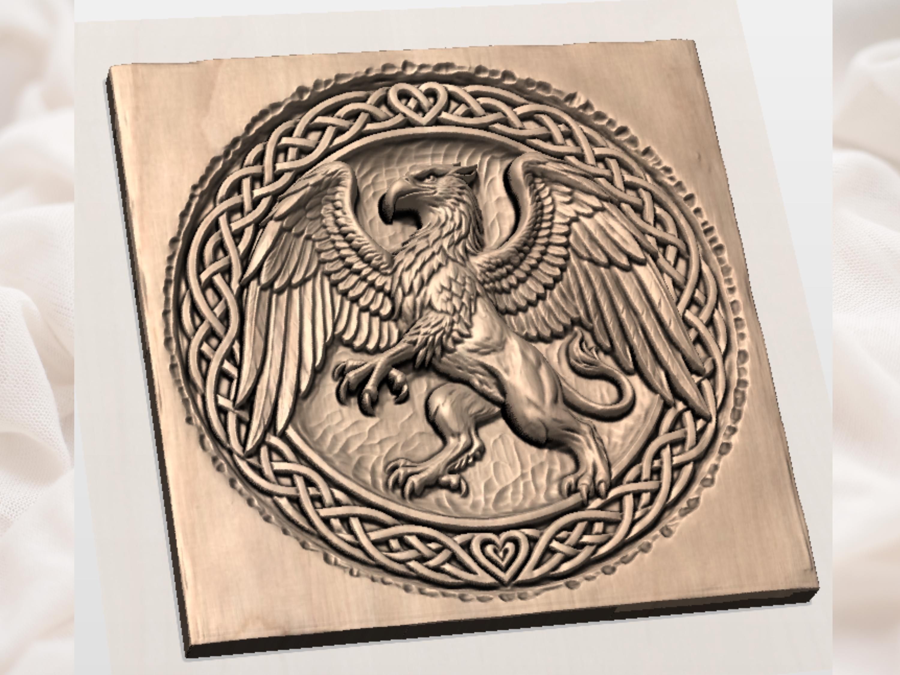 Rampant Griffin STL with Celtic Knot Medallion Border bas-relief STL — view 2