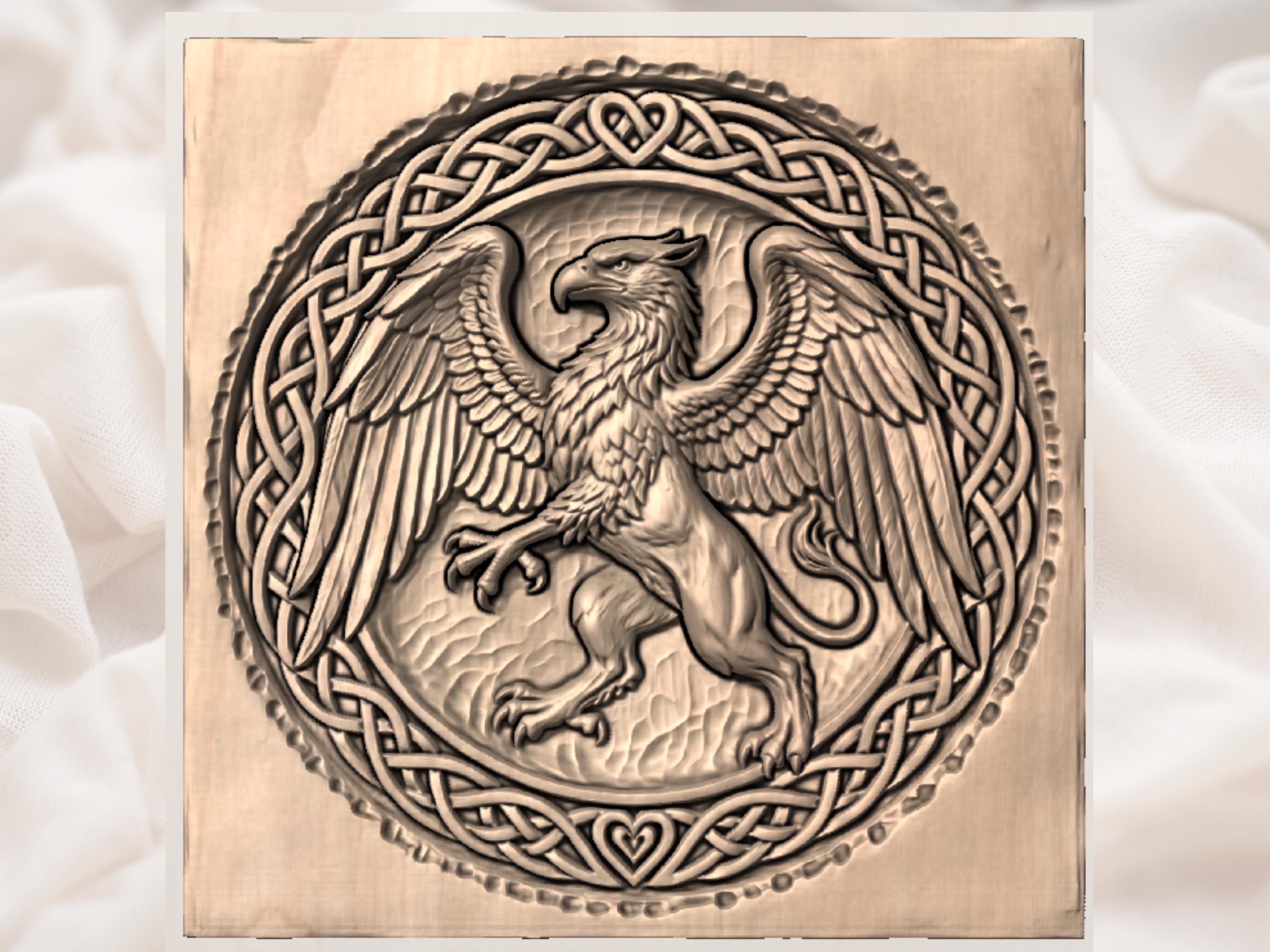 Rampant Griffin STL with Celtic Knot Medallion Border bas-relief STL — view 3