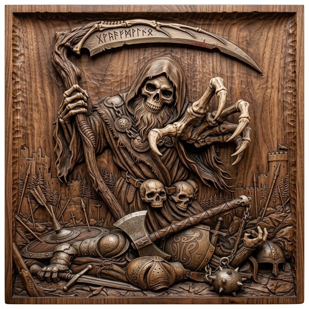 Grim Reaper Dark Warrior Battle Scene CNC Relief STL | Viking Skeleton Wall Art | Gothic Fantasy Decor Panel — carved bas relief STL file for CNC