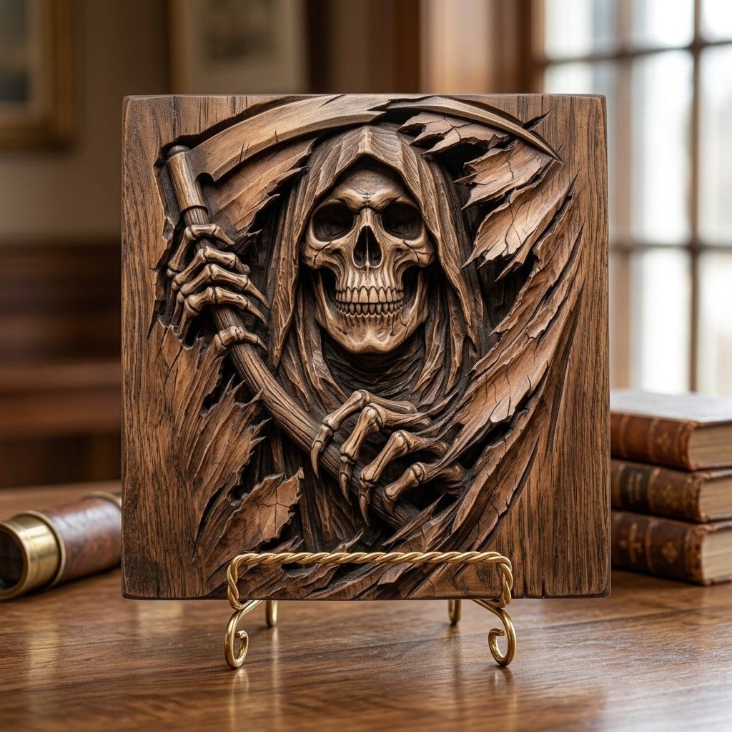 Grim Reaper Death Scythe Gothic Wood Art CNC Relief STL bas-relief STL — view 7
