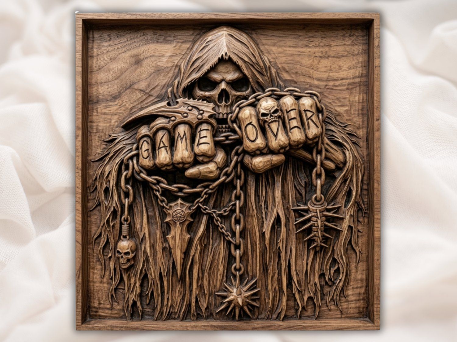 Grim Reaper Game Over Skull Knuckles CNC Relief STL | Dark Gothic Wall Art Panel | Man Cave Wood Carving Design Aspire VCarve — carved bas relief STL file for CNC
