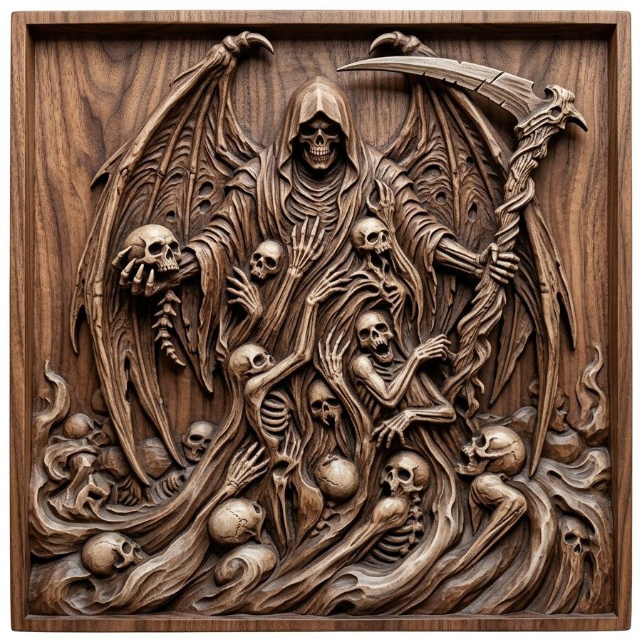 Grim Reaper Souls Harvesting Gothic Panel CNC Relief STL | Macabre Wood Carving Design | Dark Angel Memento Mori Wall Art | Aspire VCarve — carved bas relief STL file for CNC