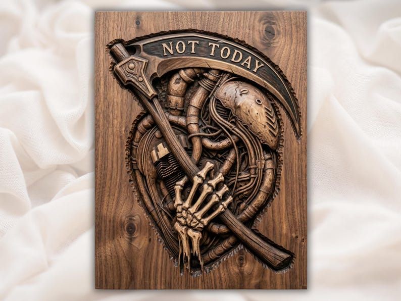 Carved wood bas-relief of a skeleton hand gripping a scythe with NOT TODAY banner over bone and gears