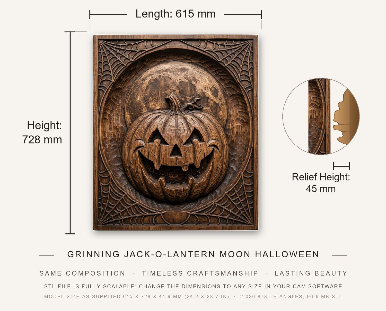 Grinning Jack-o-lantern Moon Halloween Panel CNC Relief STL bas-relief STL — view 3