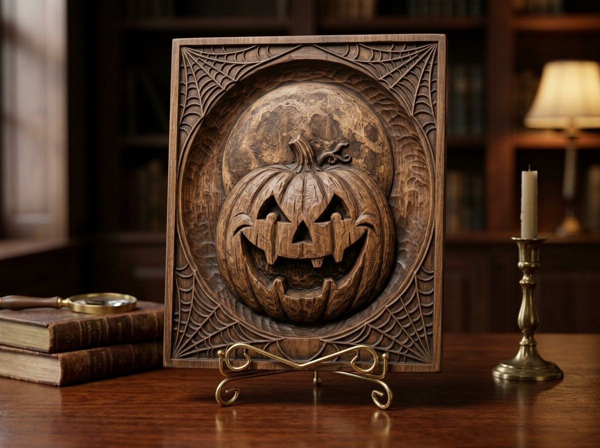Grinning Jack-o-lantern Moon Halloween Panel CNC Relief STL bas-relief STL — view 4