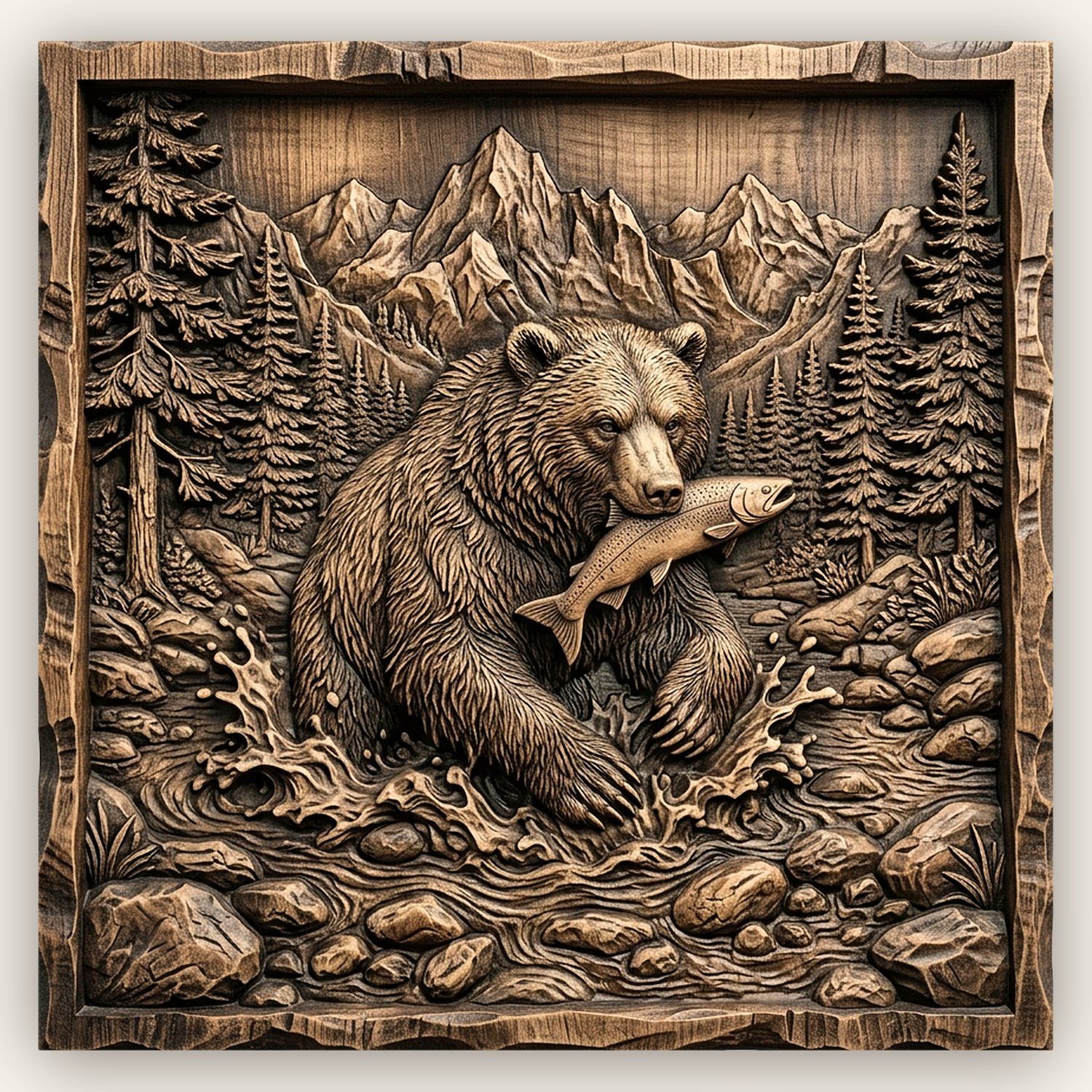 Grizzly Bear Catching Salmon CNC Relief STL bas-relief STL design