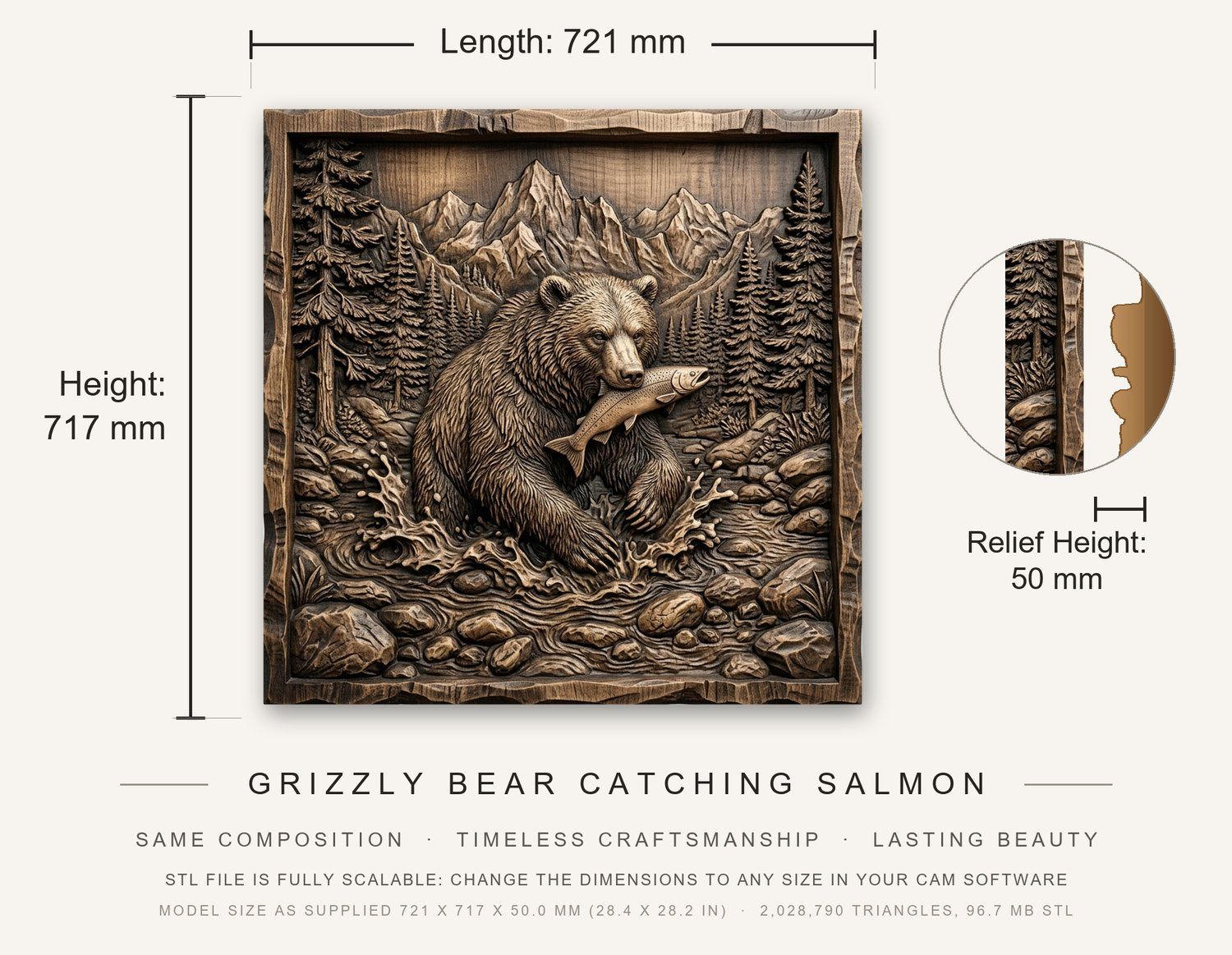 Grizzly Bear Catching Salmon CNC Relief STL bas-relief STL — view 3