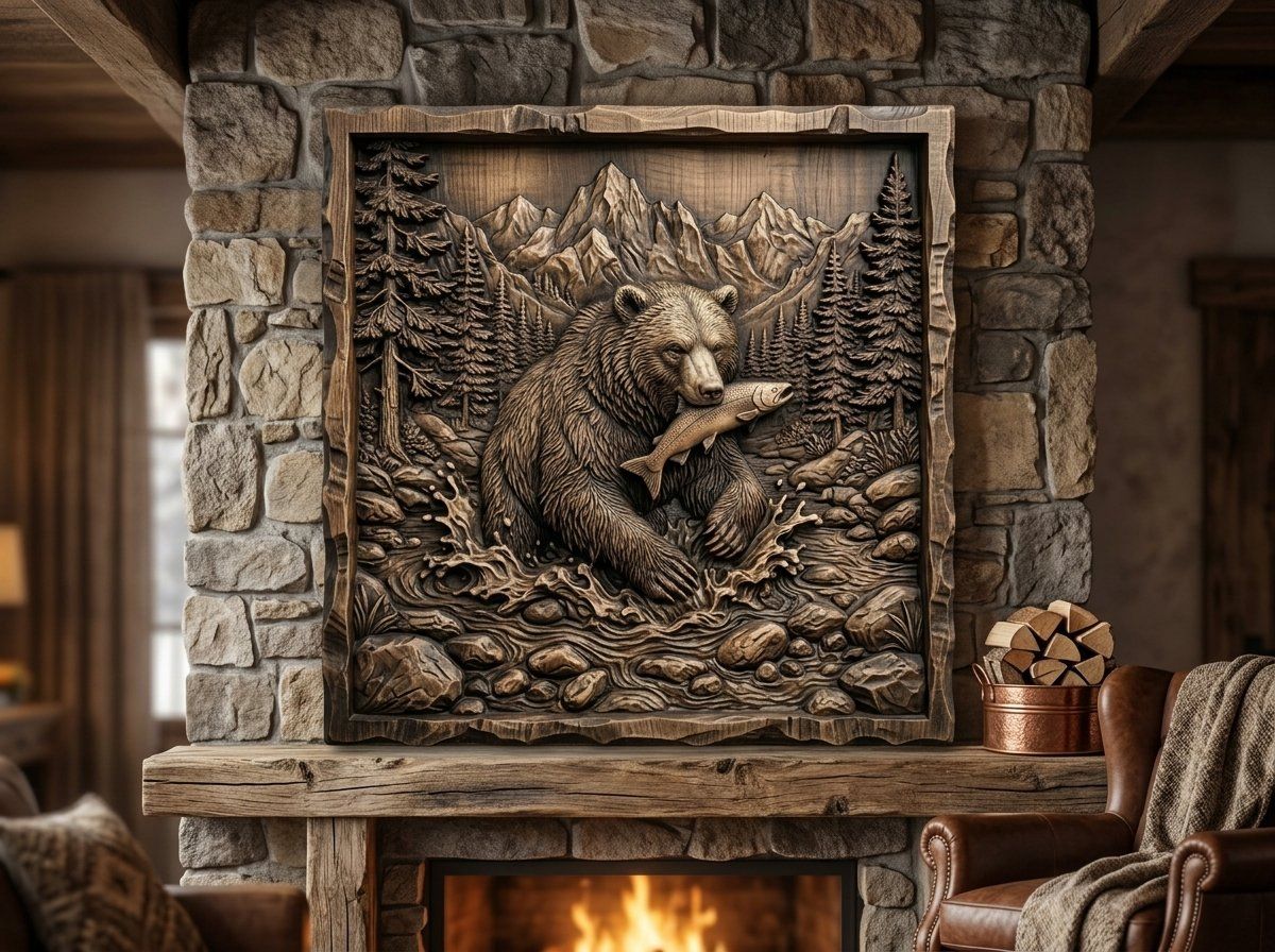 Grizzly Bear Catching Salmon CNC Relief STL bas-relief STL — view 13
