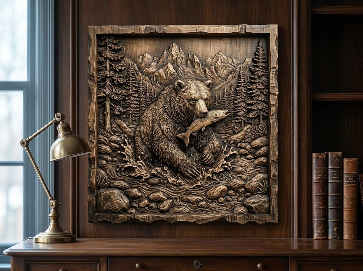 Grizzly Bear Catching Salmon CNC Relief STL bas-relief STL — view 14