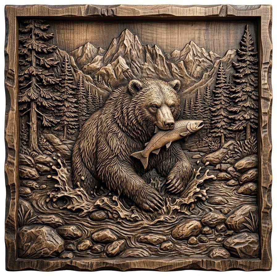 Grizzly Bear Catching Salmon CNC Relief STL bas-relief STL — view 4