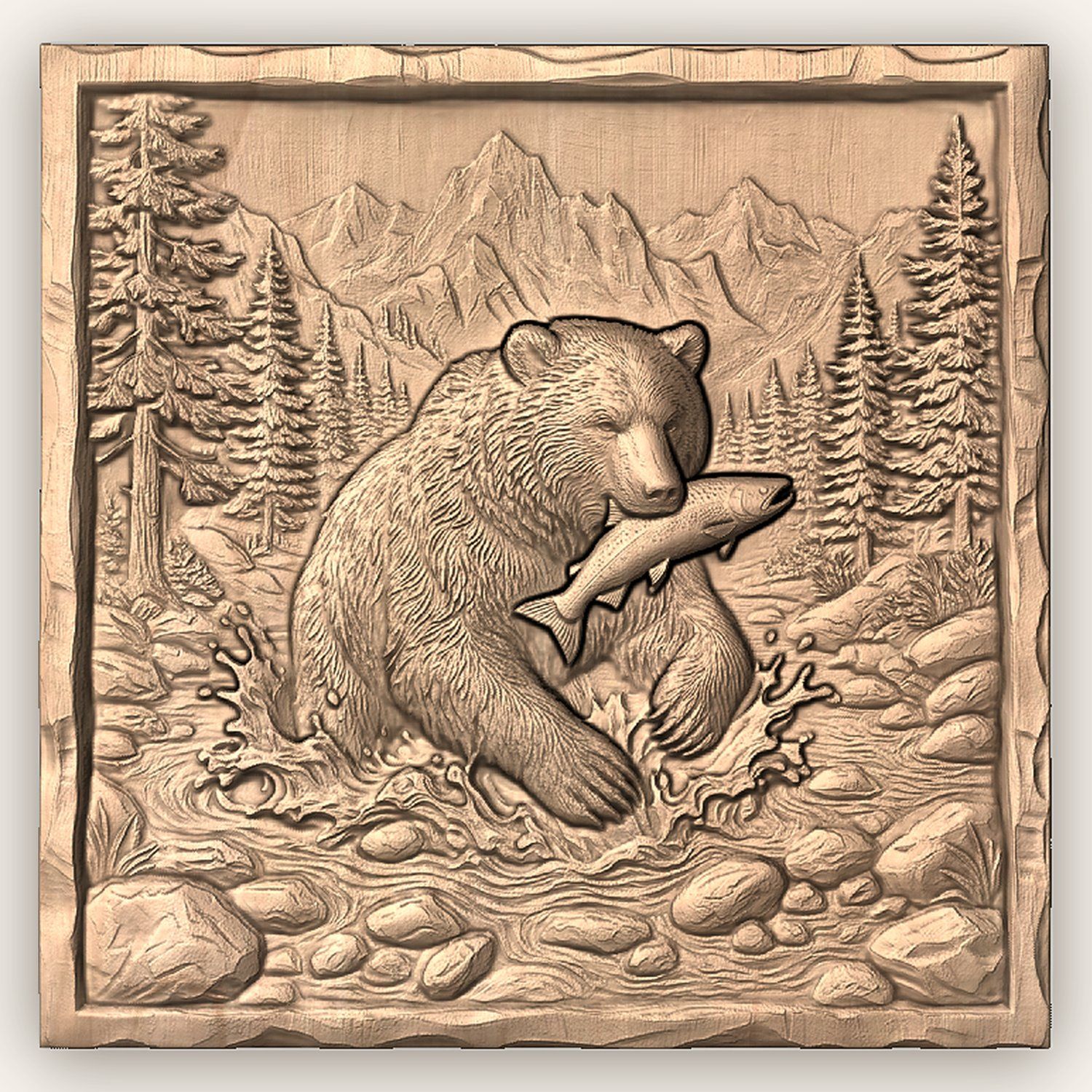 Grizzly Bear Catching Salmon CNC Relief STL bas-relief STL — view 5