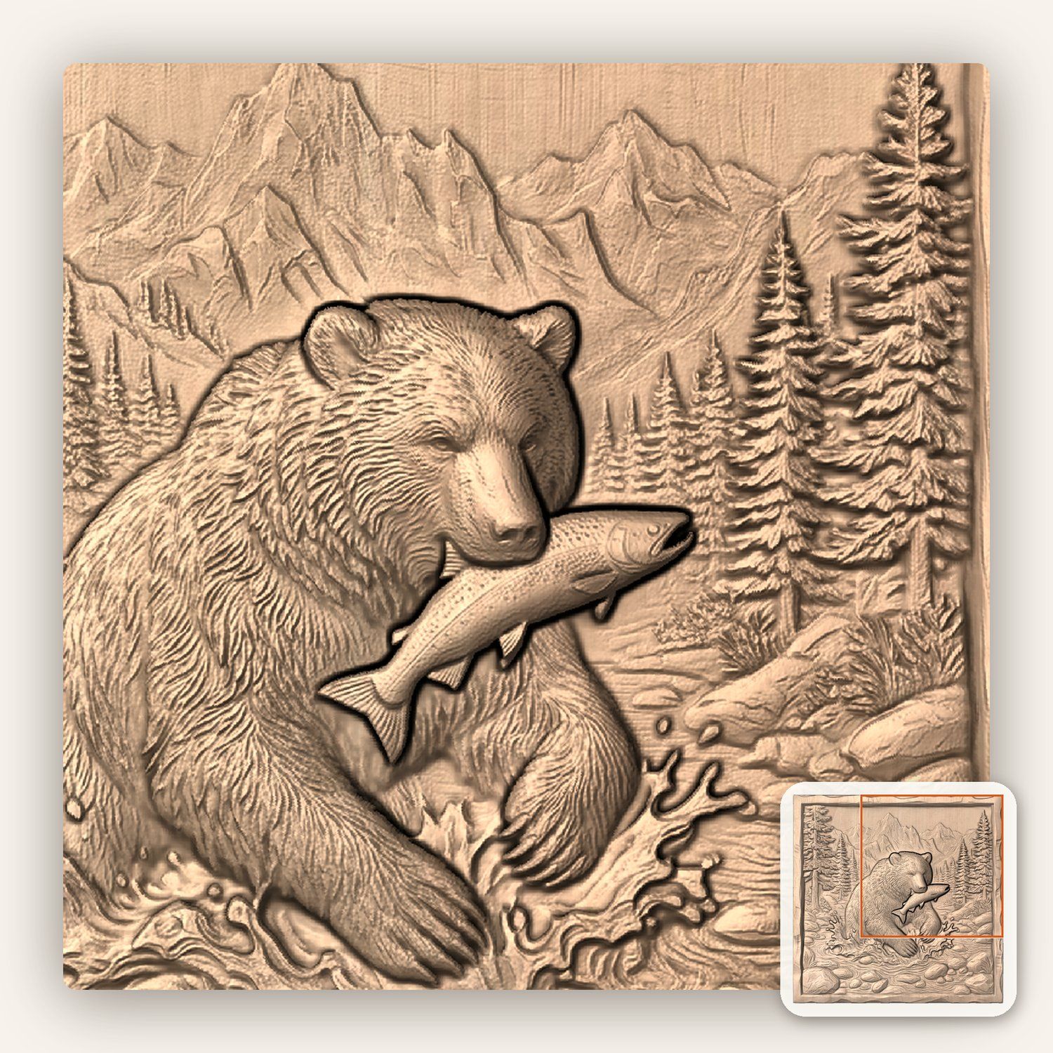 Grizzly Bear Catching Salmon CNC Relief STL bas-relief STL — view 10