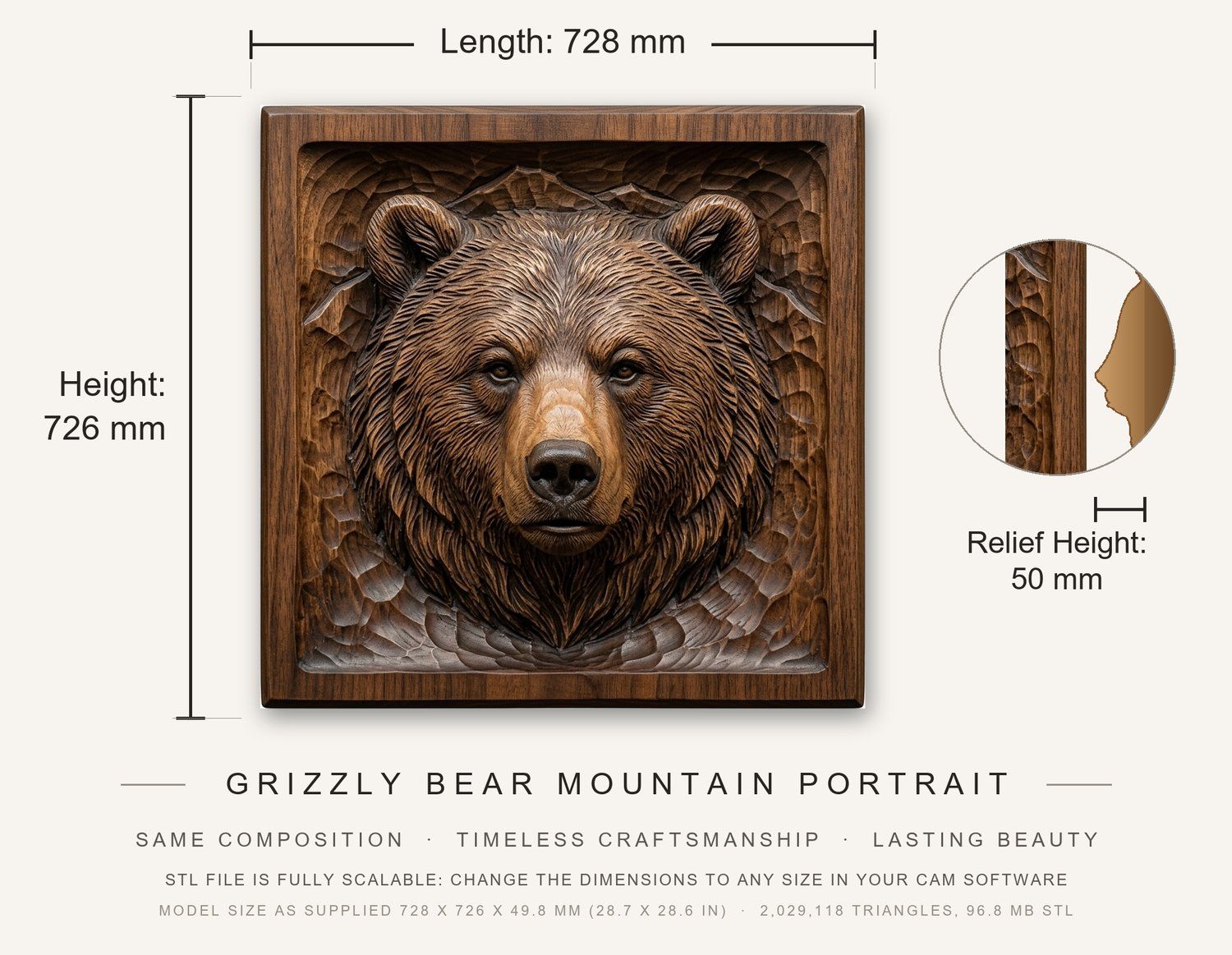 Grizzly Bear Mountain Portrait CNC Relief STL bas-relief STL — view 3