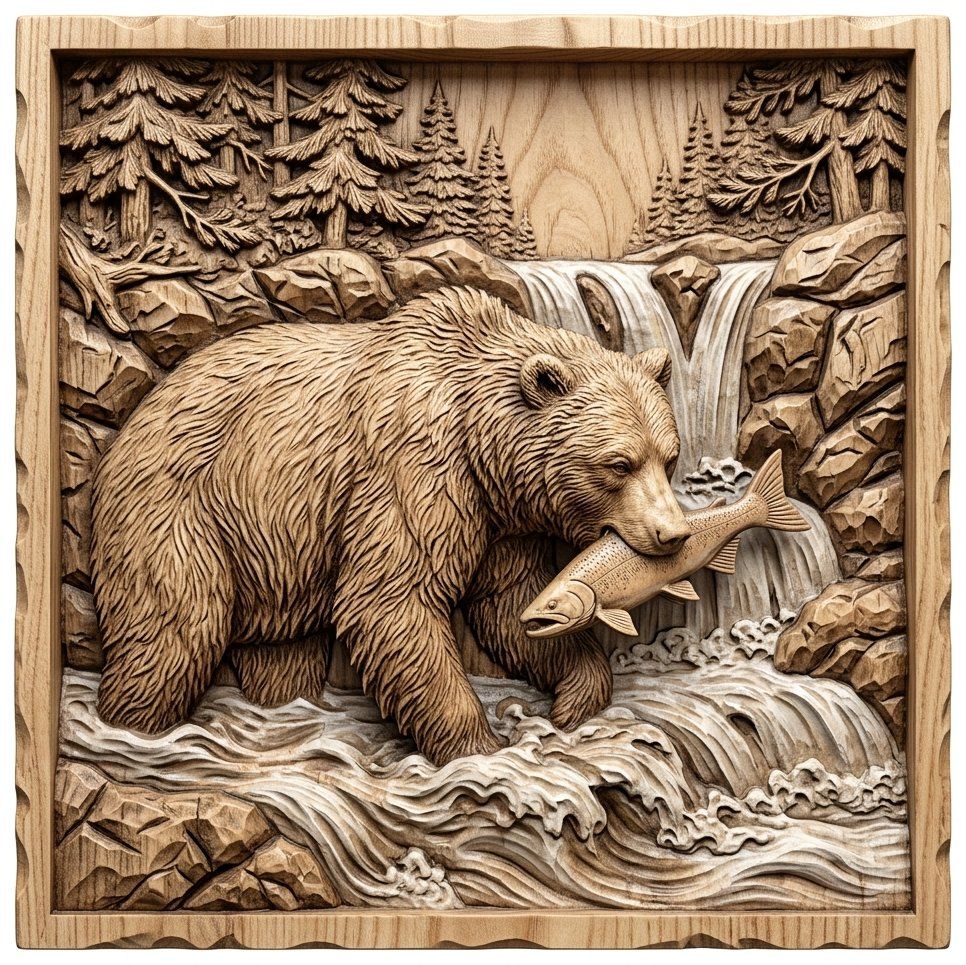 Grizzly Bear Salmon CNC Relief STL bas-relief STL — view 12