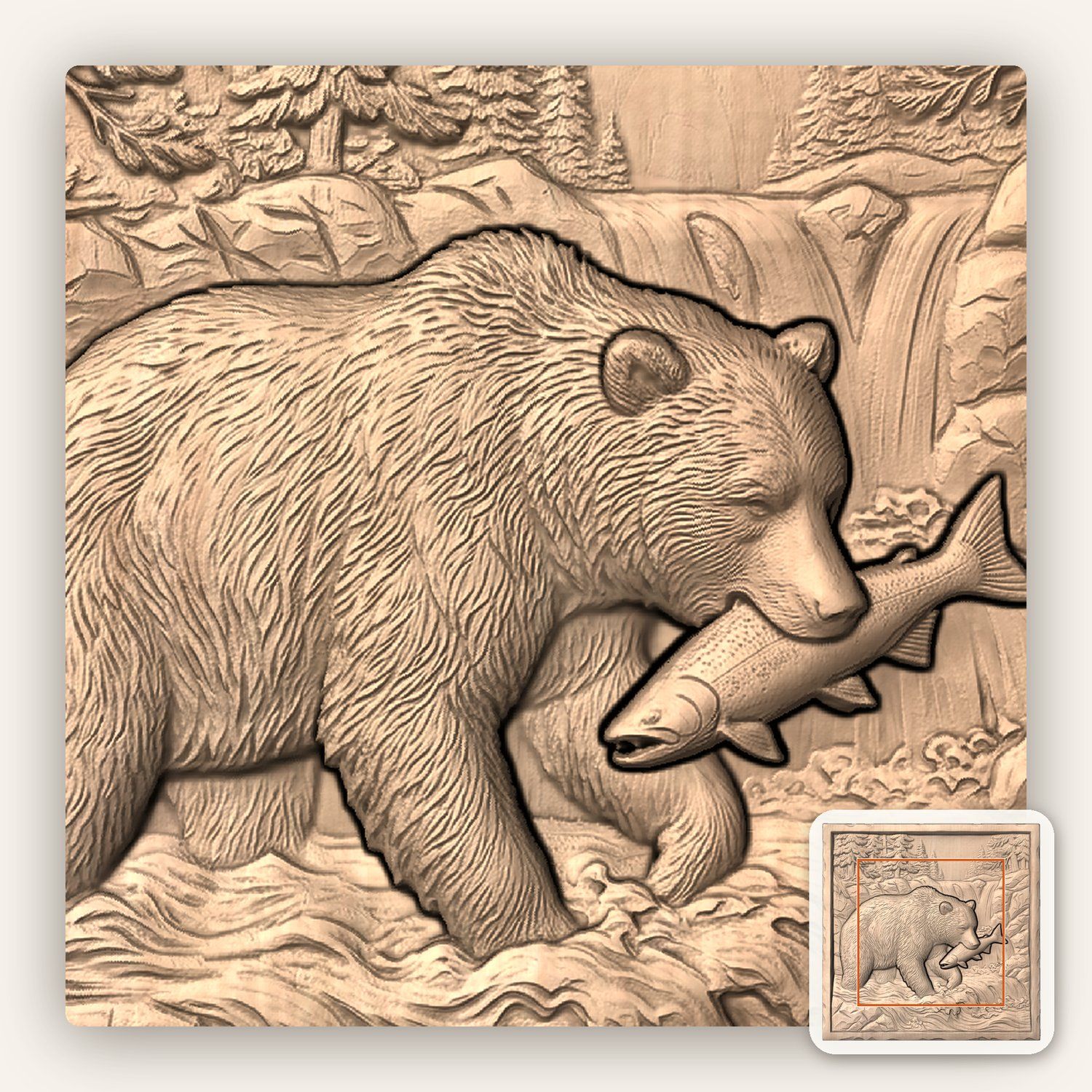 Grizzly Bear Salmon CNC Relief STL bas-relief STL — view 6