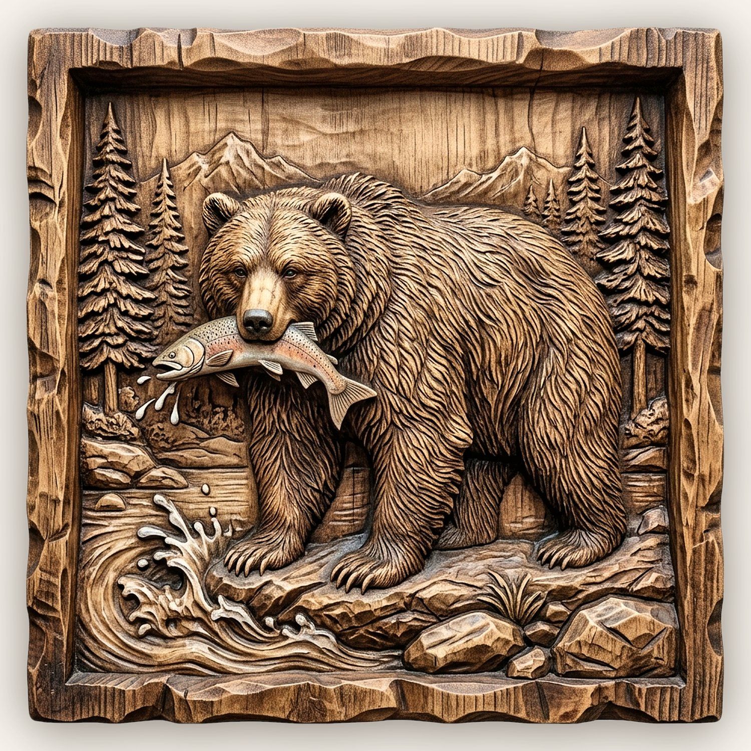 Grizzly Bear Salmon River Scene CNC Relief STL bas-relief STL design