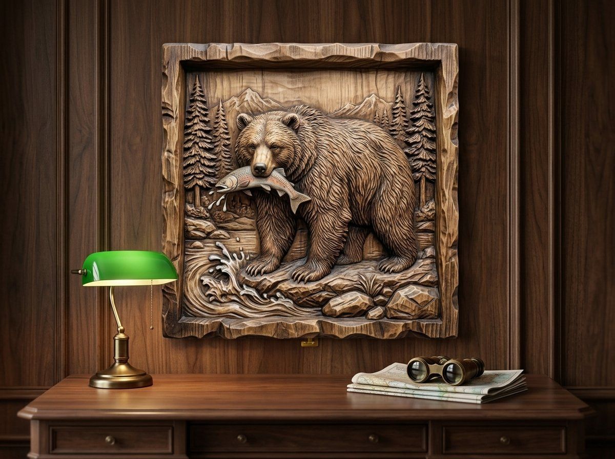 Grizzly Bear Salmon River Scene CNC Relief STL bas-relief STL — view 10