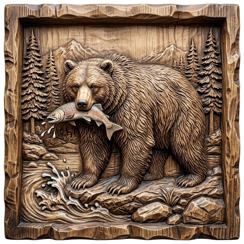 Grizzly Bear Salmon River Scene CNC Relief STL bas-relief STL — view 9
