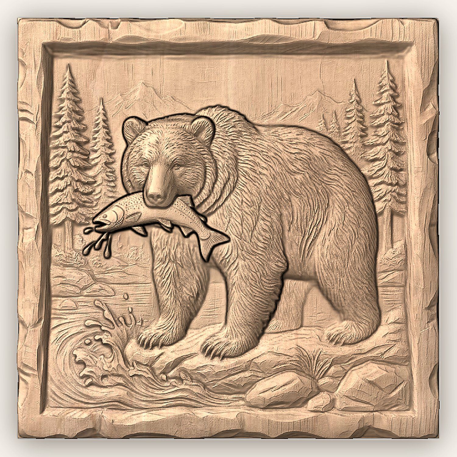 Grizzly Bear Salmon River Scene CNC Relief STL bas-relief STL — view 3