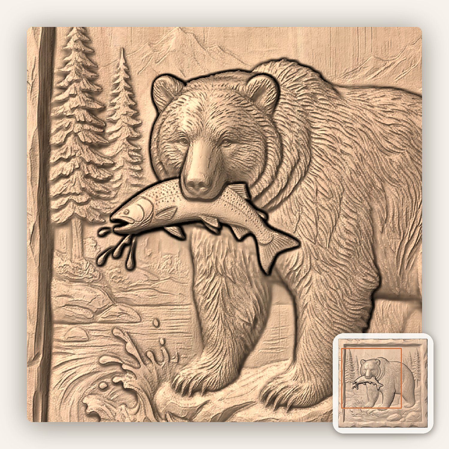 Grizzly Bear Salmon River Scene CNC Relief STL bas-relief STL — view 5