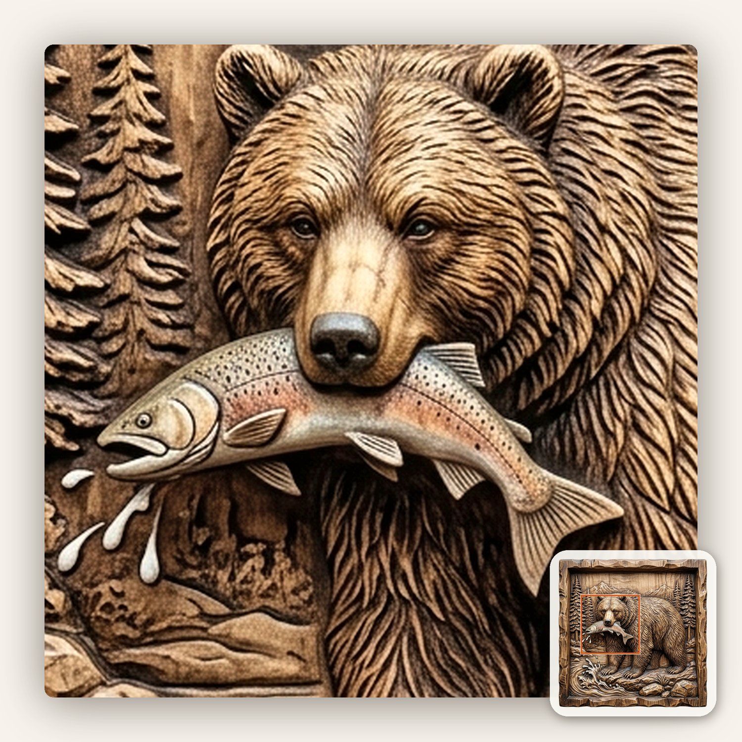 Grizzly Bear Salmon River Scene CNC Relief STL bas-relief STL — view 7