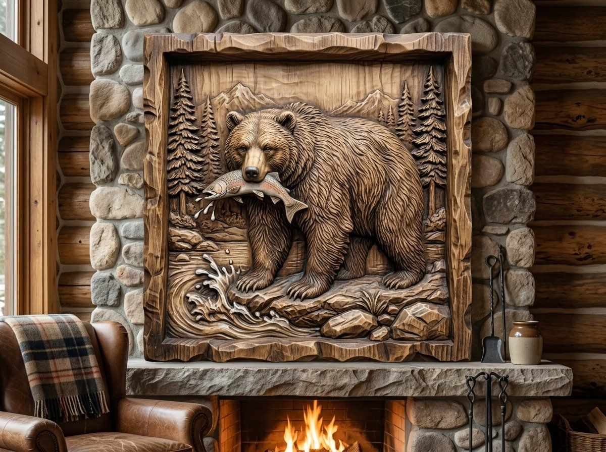 Grizzly Bear Salmon River Scene CNC Relief STL bas-relief STL — view 8