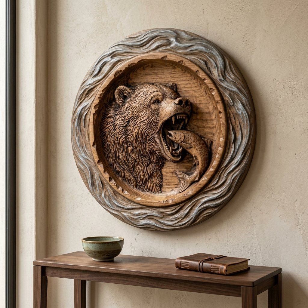 Grizzly Bear Salmon Wildlife CNC Relief STL bas-relief STL — view 14