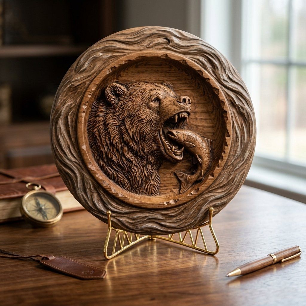 Grizzly Bear Salmon Wildlife CNC Relief STL bas-relief STL — view 3