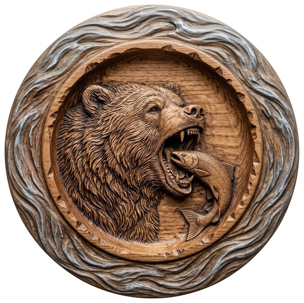 Grizzly Bear Salmon Wildlife CNC Relief STL bas-relief STL — view 11
