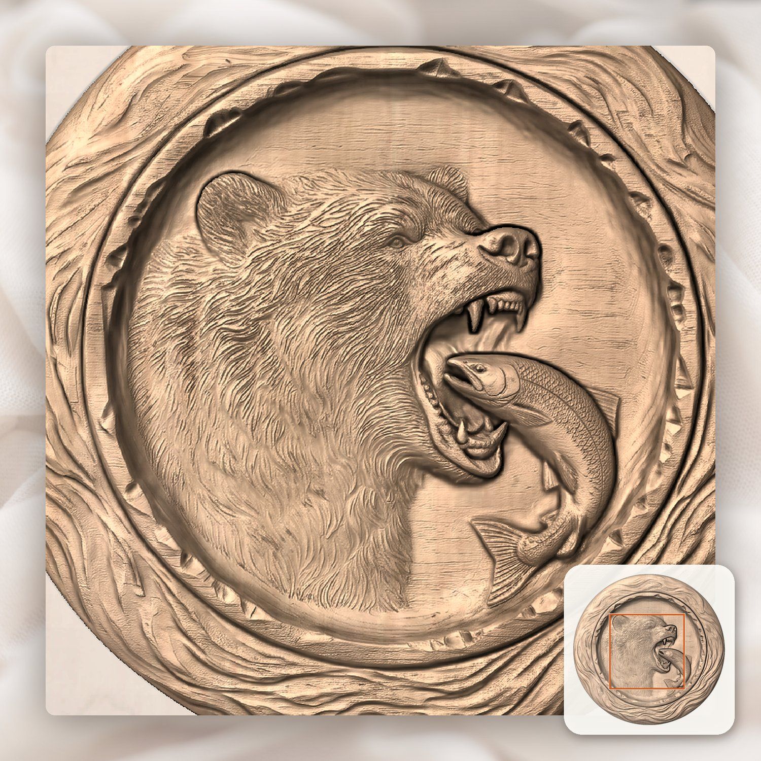 Grizzly Bear Salmon Wildlife CNC Relief STL bas-relief STL — view 6