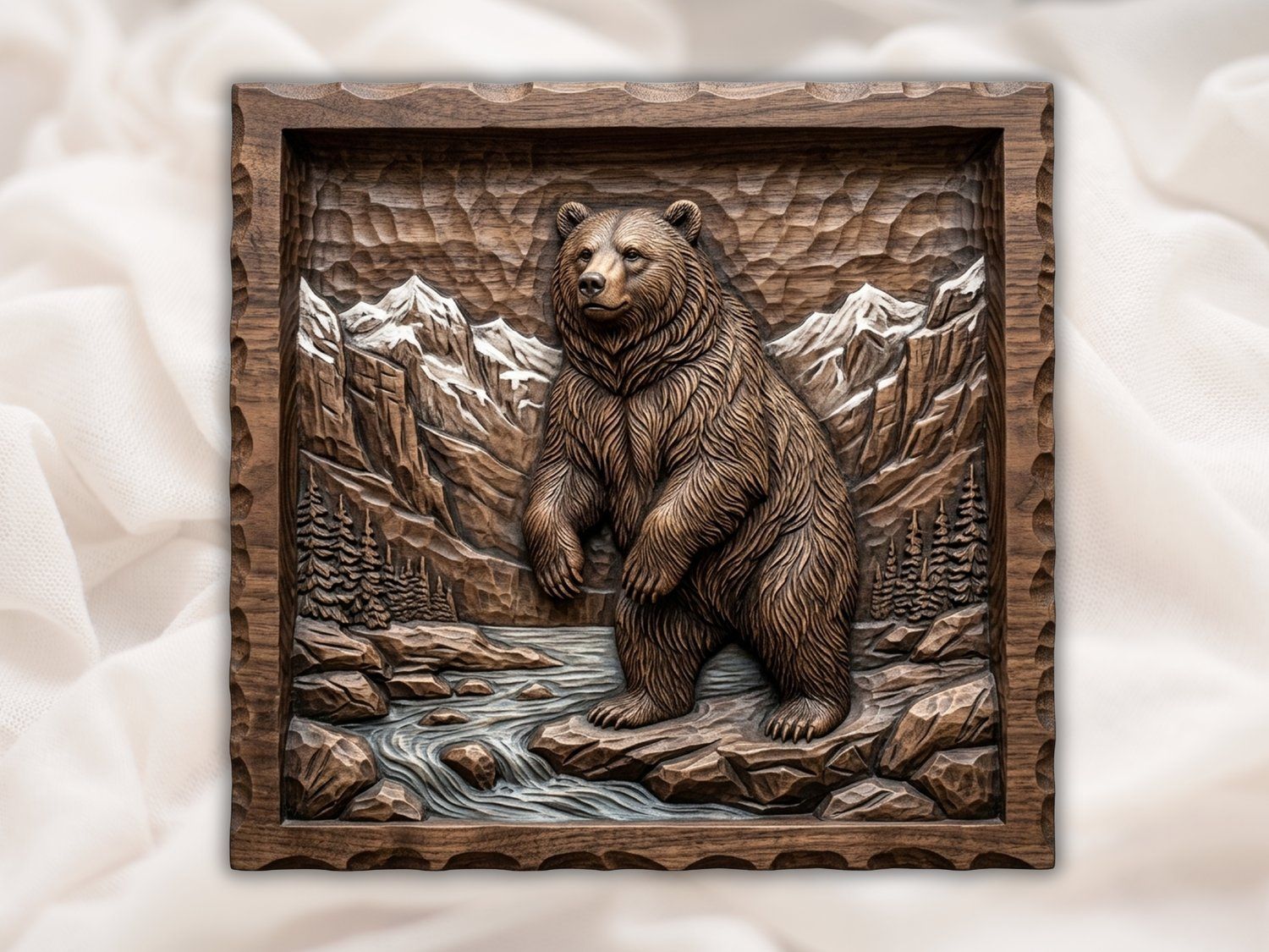 Grizzly Bear Standing on Riverbank Mountain Scene CNC Relief STL | Deep Scoop Hunting Wall Art Design | Wildlife Wilderness Carving File — carved bas relief STL file for CNC