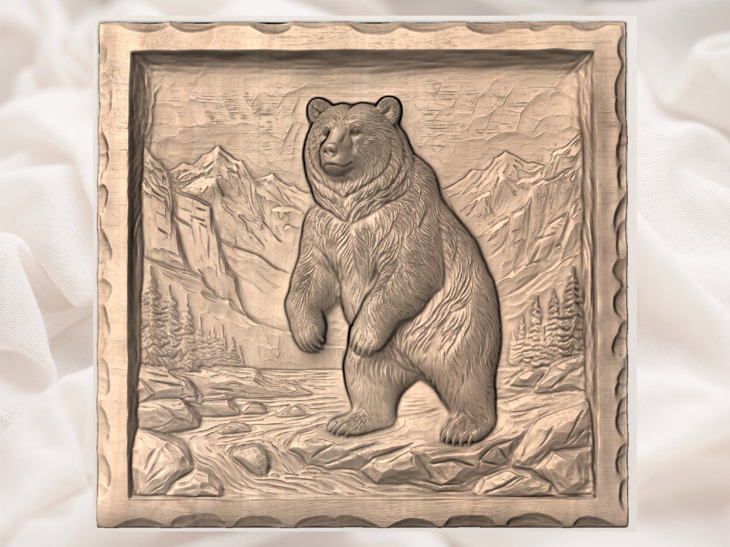 Grizzly Bear Standing on Riverbank Mountain Scene CNC Relief STL bas-relief STL — view 2