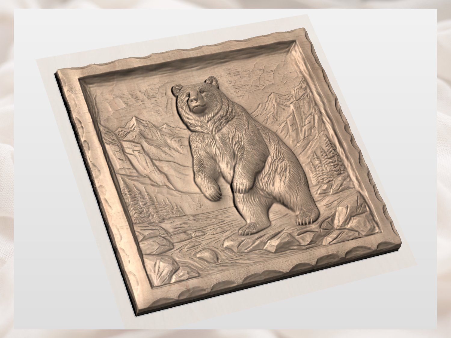 Grizzly Bear Standing on Riverbank Mountain Scene CNC Relief STL bas-relief STL — view 3