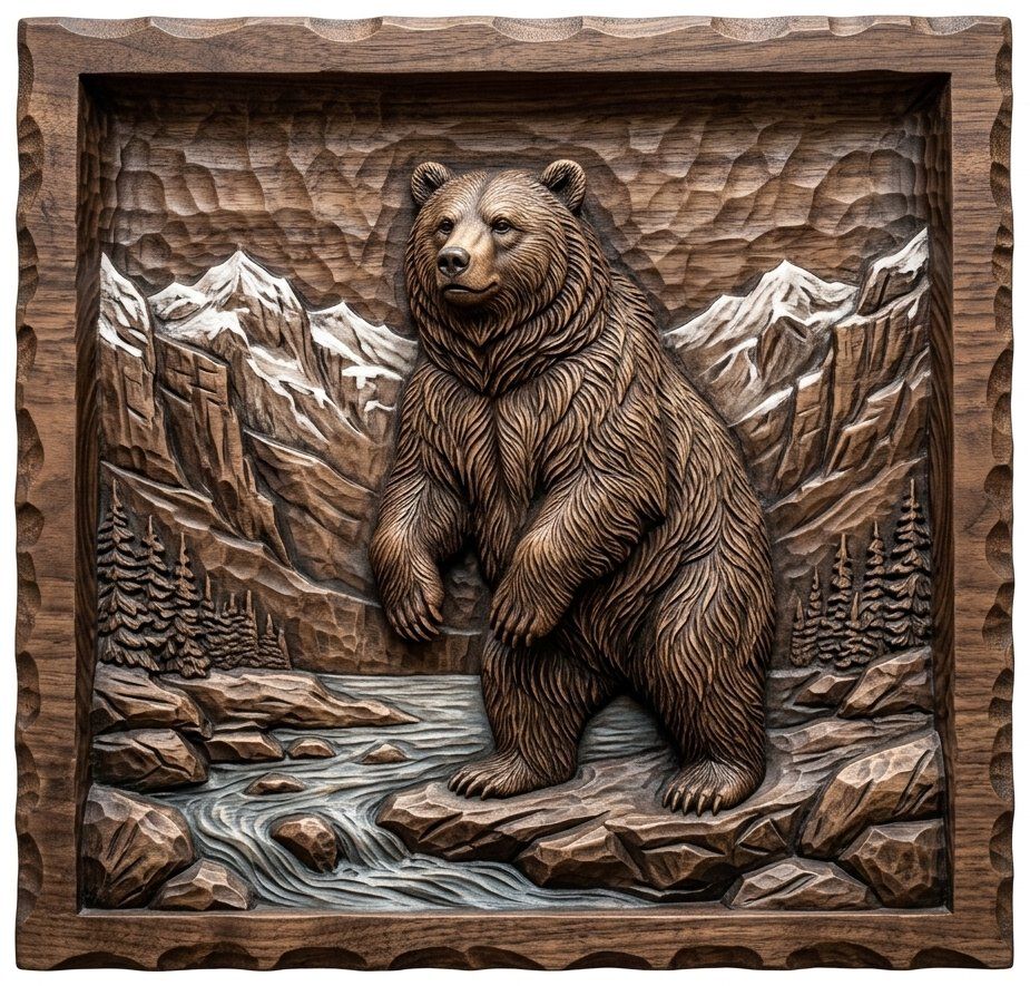 Grizzly Bear Standing on Riverbank Mountain Scene CNC Relief STL bas-relief STL — view 4